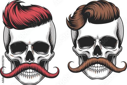 Stylish skull illustration featuring vintage hairstyle and curled mustache in bold vector art style perfect for tattoo, retro design, and branding projects