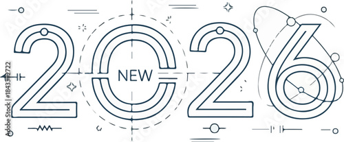 A futuristic typographic illustration of '2026' with a 'NEW' sign in the center, surrounded by technical drawing lines and symbols on a white background, conveying a sense of innovation and