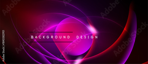 Abstract background features flowing curves, vibrant magenta, red hues. Text reads background design centered within swirling shapes. Modern, dynamic visual.