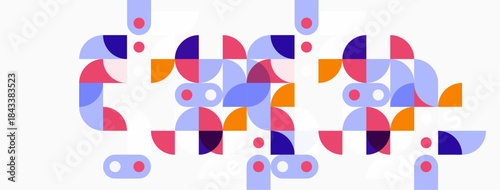 Abstract geometric shapes, purple, blue, pink hues. Minimalist design, playful composition, modern aesthetic. Clean lines, flat illustration.