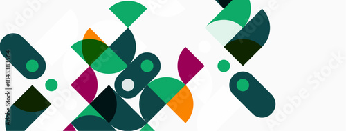 Abstract geometric shapes overlap, creating vibrant composition. Greens, purples, oranges dominate neutral background. Modern design element.