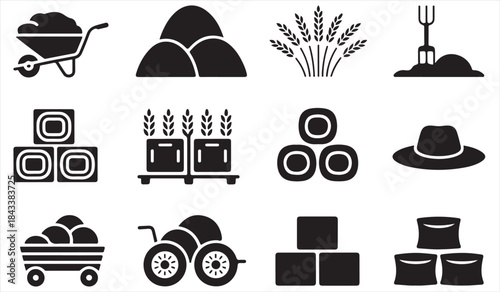 Agriculture and farming icon set with harvest tools and crops