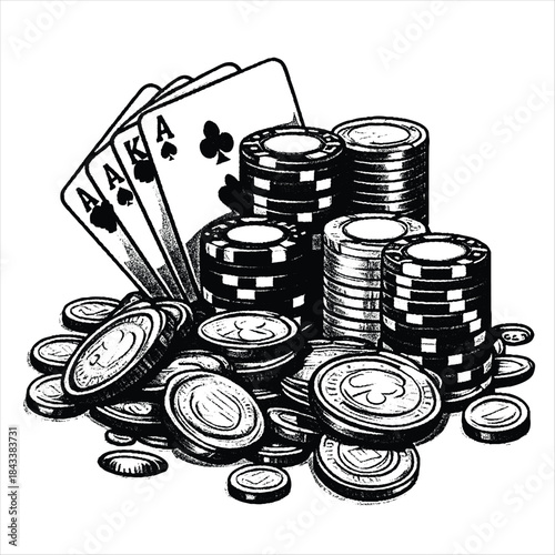 Detailed Hand-Drawn Illustration of a Winning Poker Hand with Four Aces, Abundant Casino Chips, and Coins, Symbolizing High Stakes Gambling and the Thrill of Strategic Play