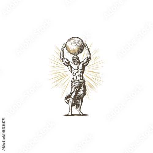 vintage engraving illustration featuring the Titan Atlas bearing the immense weight of the celestial sphere or world globe above his head