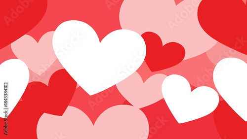 A vibrant abstract background filled with overlapping heart shapes in various shades of red and pink, perfect for romantic or celebratory designs