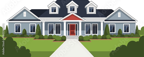 Beautifully illustrated modern house with manicured lawn and inviting entrance