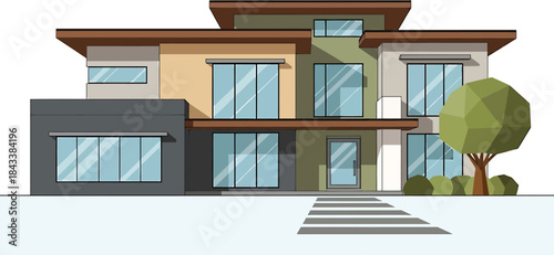 Modern Residential House Exterior Facade with Large Windows and Green Landscaping