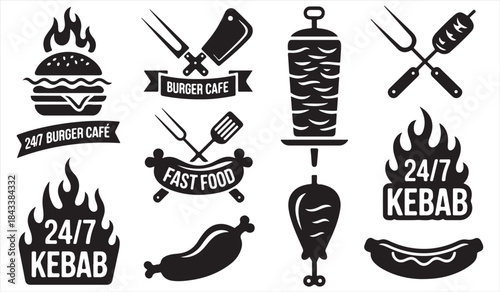 Black fast food and kebab badge symbols collection