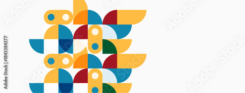 Abstract geometric shapes, vibrant colors, modern design. Composition features circles, semicircles, overlapping forms, clean aesthetic.