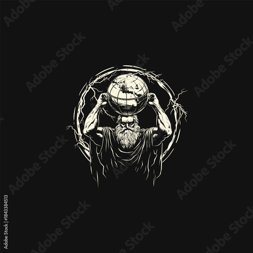 vintage engraving illustration featuring the Titan Atlas bearing the immense weight of the celestial sphere or world globe above his head