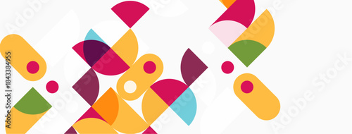 Abstract colorful shapes overlap, creating dynamic visual pattern. Bright hues dominate white background. Modern design element.