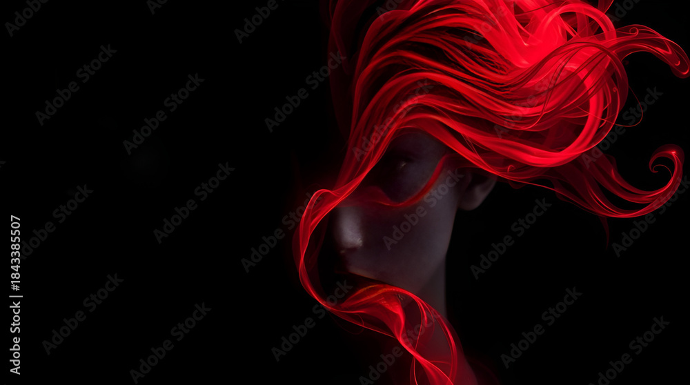 Obraz premium Mysterious woman emerges from vibrant swirling red smoke with dramatic dark background copy space for design projects