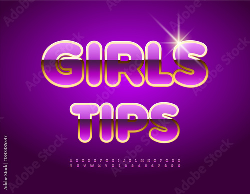 Vector Chic badge Girls Tips. Classy Glossy Font. Modern Violet and Golden Alphabet Letters and Numbers