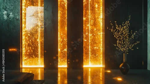 Modern lounge interior featuring glowing amber light panels, dark textured walls, and a minimalist design, creating a luxurious and ambient atmosphere with sleek furniture and reflective floors