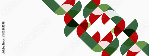Abstract pattern features overlapping circles. Green, red, pink hues create dynamic visual texture. Simple geometric shapes dominate composition.