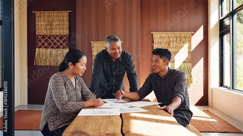 Maori professionals guiding younger colleagues in creative studio with warm natural light. Genuine expressions and subtle cultural elements highlight collaboration and shared growth.