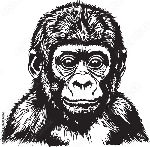 Chimpanzee portrait with detailed fur and facial expression, looking forward