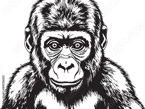 Chimpanzee portrait with detailed fur and facial expression, looking forward