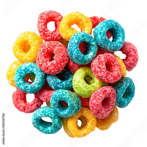 A vibrant pile of colorful fruit loops cereal isolated on a black background