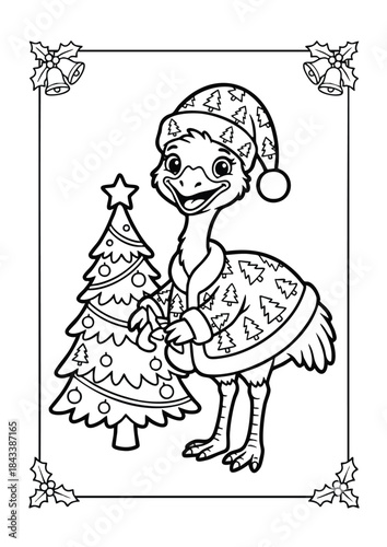 Festive Ostrich in Christmas Attire with Decorated Tree Coloring Page