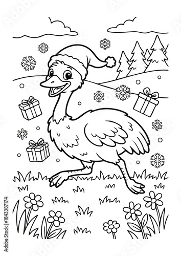 Festive Ostrich Coloring Page with Santa Hat and Gifts
