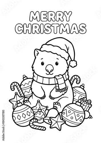 Cute Christmas Bear Coloring Page with Festive Ornaments