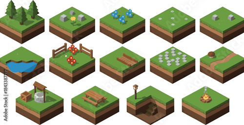 Isometric Game Tile Set: Nature, Fantasy, and Village Elements