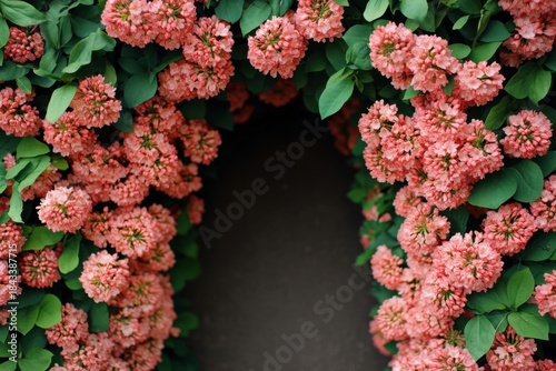 Minimalistic blossoming pink flowers with lush green leaves for nature design background