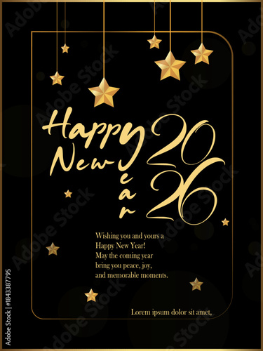 Elegant Black and Gold Happy New Year 2026 Greeting Card Design with Hanging Stars