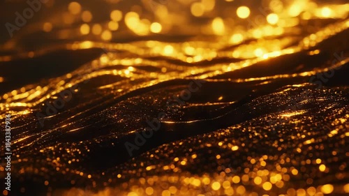 Gold glittering particles undulate across a dark background, creating dynamic abstract waves with bokeh effects, symbolizing luxury, wealth, and celebration