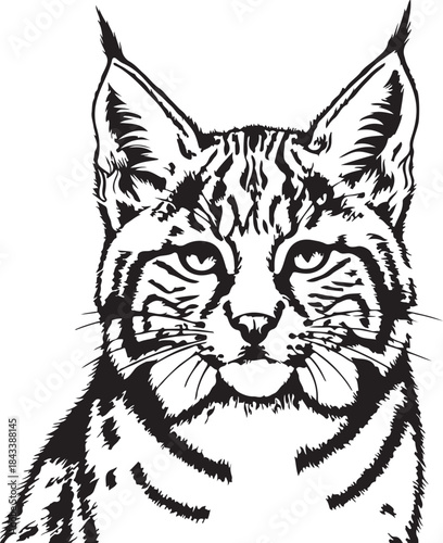 Detailed black and white bobcat drawing with intricate fur texture on transparent background