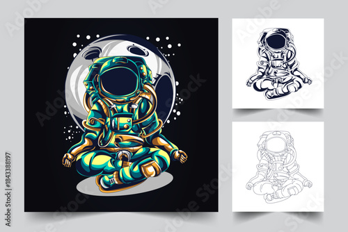 Zen Astronaut Meditation Vector Logo. Spaceman in Lotus Yoga Pose Floating in Outer Space with Moon Background