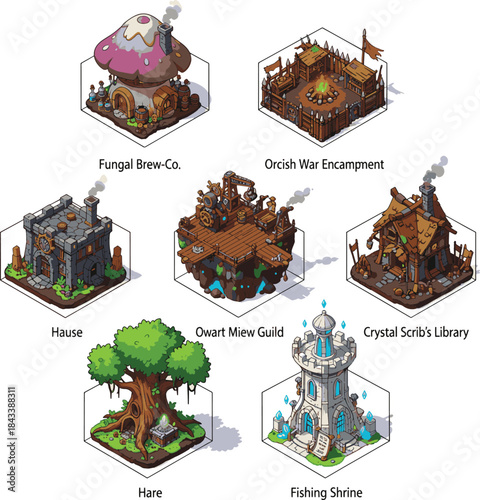 Unique Isometric Fantasy Buildings: Magic Brew, Orc Camp, Guild, and Library