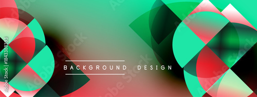 Abstract geometric shapes overlap, creating vibrant color gradients. Turquoise, red, pink hues dominate design. Modern aesthetic.