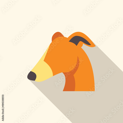 Minimalist vector illustration of a greyhound dog head, featuring vibrant orange color and stylized design with a prominent long shadow effect