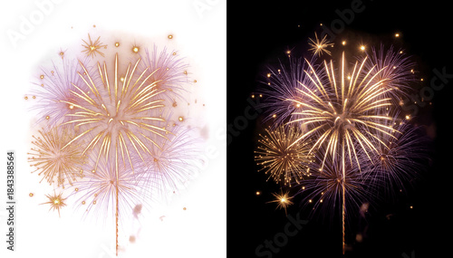Vibrant fireworks composition with purple spark bursts and golden glowing light isolated on transparent background. Isolated on transparent PNG overlay
