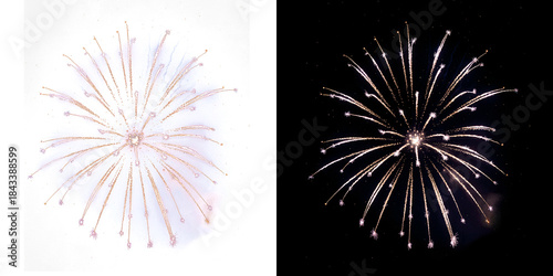 Golden white fireworks spark burst with glowing particles and dynamic streaks isolated on transparent background. Isolated on transparent PNG overlay
