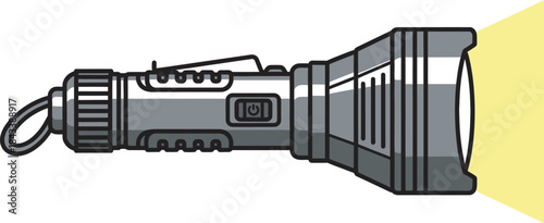 Flashlight shining bright yellow light beam in darkness, handheld torch with metal body and black handle, outdoor lighting tool for camping or emergency