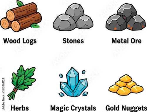 Collection of wood logs, stones, metal ore, herbs, magic crystals, and gold nuggets isolated on