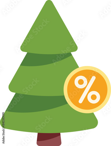 Simple vector icon of a christmas tree with a yellow discount percentage symbol, evoking holiday sales and promotions