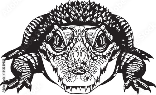 Front view black and white vector of alligator head showing teeth, scales, and eyes