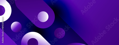 Abstract purple design features circles, curves, gradients. Modern aesthetic, vibrant colors create dynamic visual impact. Simple composition.