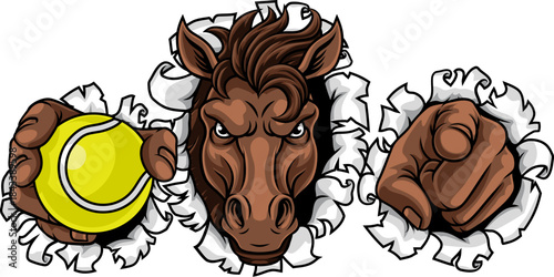 Horse mustang bronco stallion angry tennis sports team mascot holding a ball.