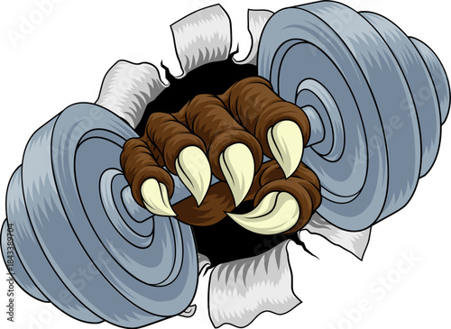 A dumb bell gym weight sports illustration of an eagle or animal monster hand holding dumbbell