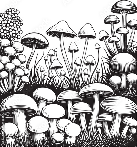 Autumn forest mushroom picking, vegan menu pattern. Linear fly agaric, chanterelles, porcini mushroom, honey mushrooms, morels, mycena, russula, boletus, nettle, fern, chicory, chamomile.