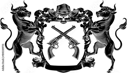 A cowboy skull wearing a cowboy hat with crossed western guns crest coat of arms shield design. In a vintage woodcut style.