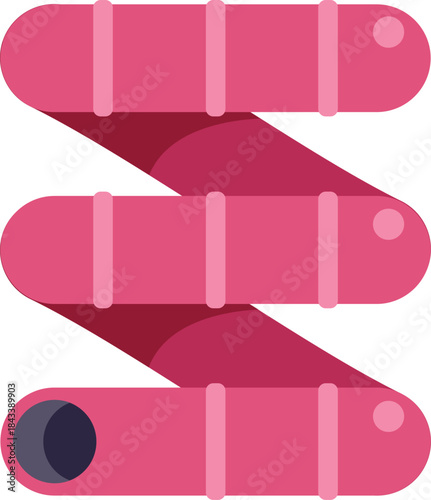 Pink water slide with a dark entrance is making two sharp turns before reaching the ground