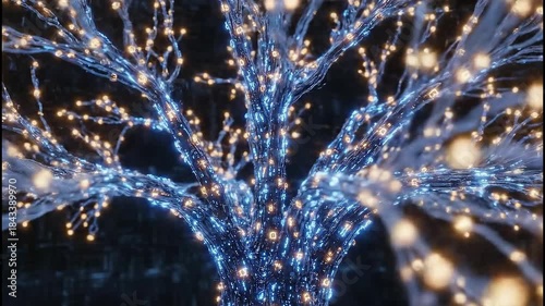 A close-up, abstract representation of a glowing digital tree with intricate, interconnected branches and luminous points of light.
