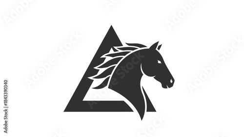 Black horse head silhouette inside a triangle minimalist vector logo for equestrian or racing brands