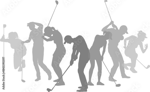 Silhouette golf player set. Active golfers golfing sports people healthy players fitness silhouettes concept.